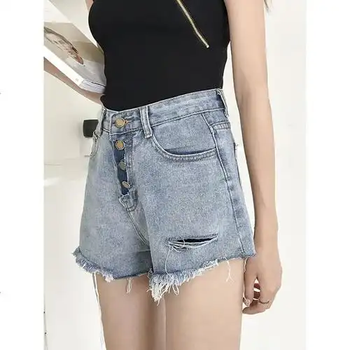 春季新款女装单排扣破洞毛边高腰宽松显瘦学生牛仔阔腿短裤女热裤