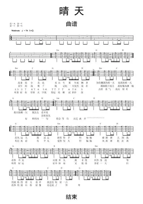 晴天尤克里里曲谱乐谱