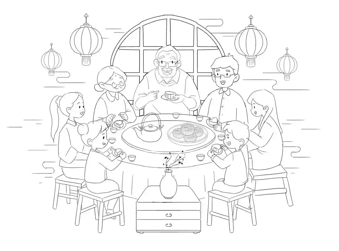 中秋节家人团圆聚餐.8月底画的中秋节插画,丢电脑里忘放出来了 - 抖音