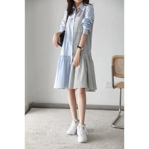 蓝白条纹衬衫裙女穿搭|蓝白条纹衬衫裙女搭配|蓝白条纹衬衫裙女品牌