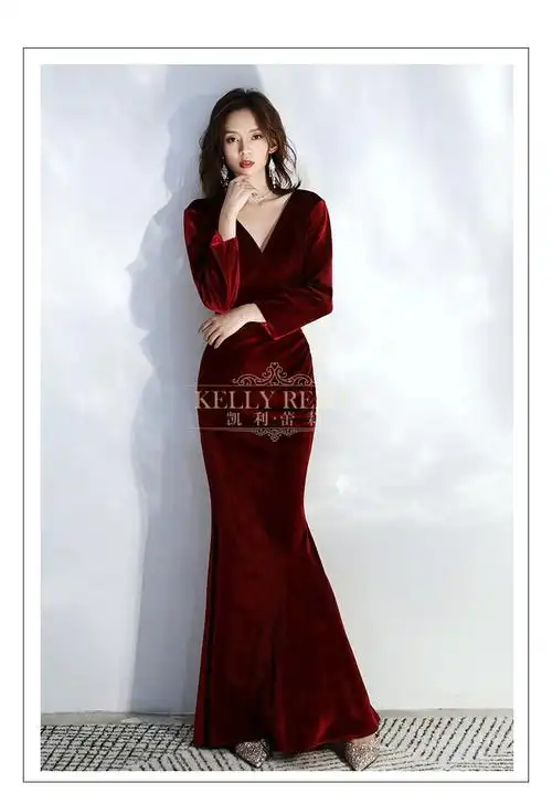 kellyreill酒红色宴会晚礼服女丝绒半开领汉风高贵汉风年会敬酒服长款