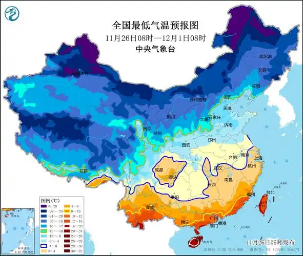 全国最低气温预报图(11月26日08时-12月1日08时)
