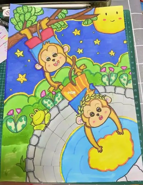 儿童画猴子捞月