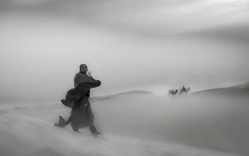 上一页 下一页 作品名称: 《大漠涅盘》  作品描述: 大漠僧人不畏沙飞