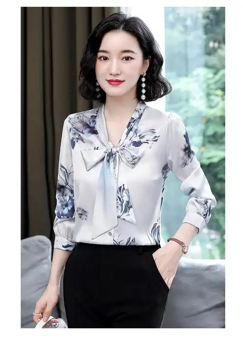 恒源祥彩羊特价捡漏杭州桑蚕丝衬衫长袖春夏季蝴蝶结丝绸缎面衬衣女