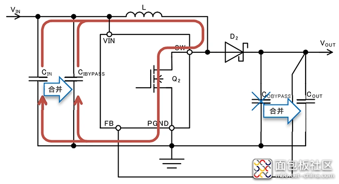 下图是升压型dc/dc转换器的电路示意图,红线表示开关晶体管q2 on时
