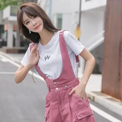 女夏天2020新款韩版阔腿收腰显瘦洋气彩色牛仔连体裤-衣禄服饰9657