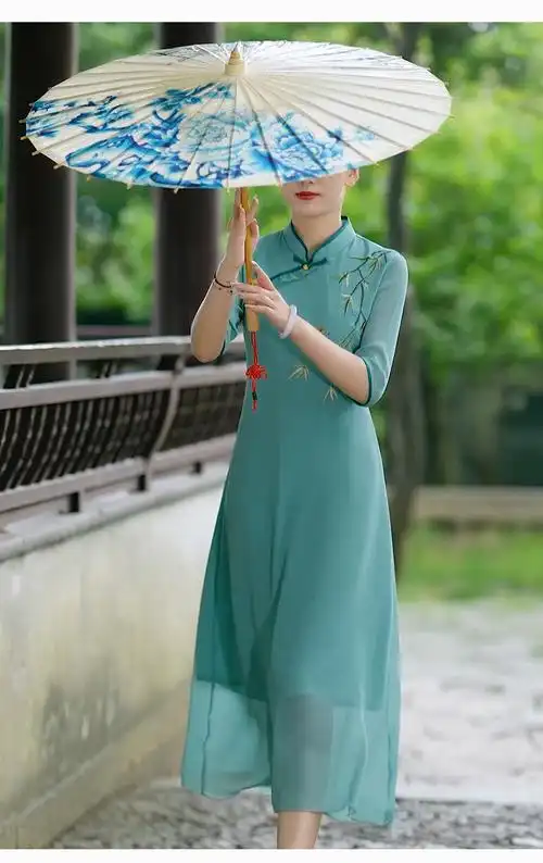 旗袍女2022年新款年轻款夏季复古民国气质优雅长款连衣裙高端青色m