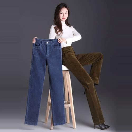 高腰休闲裤加绒灯芯绒裤女长裤显瘦直筒裤子秋冬新款条绒中年女裤