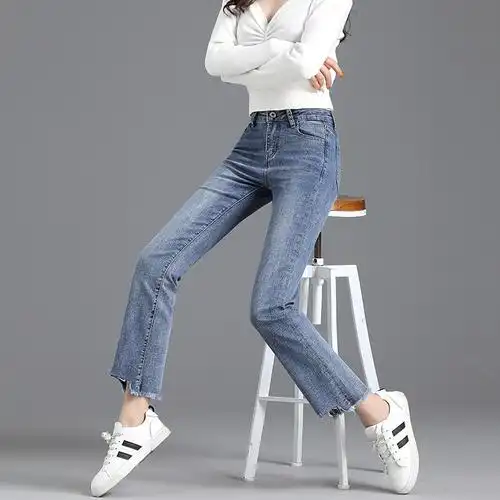 高腰牛仔裤女直筒裤宽松松显九分春秋新款女士牛仔裤