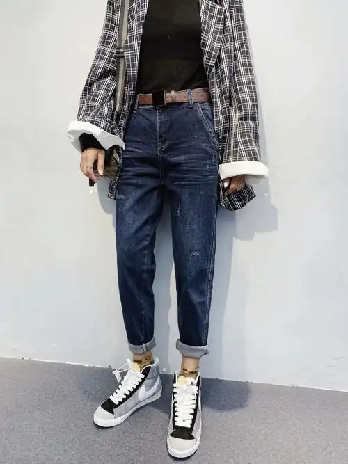 欧洲站春秋新款蓝色牛仔裤女高高腰显瘦褶皱哈伦牛仔裤