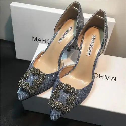 mb高跟鞋细跟水钻方扣中空单鞋亮片尖头浅口女鞋中跟伴娘婚鞋优惠券