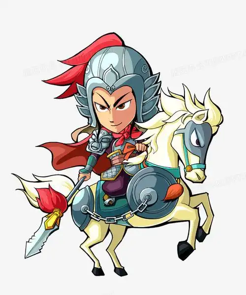 本作品全称为《彩色卡通风骑马上阵骁勇善战的将军元素》,在整个配色