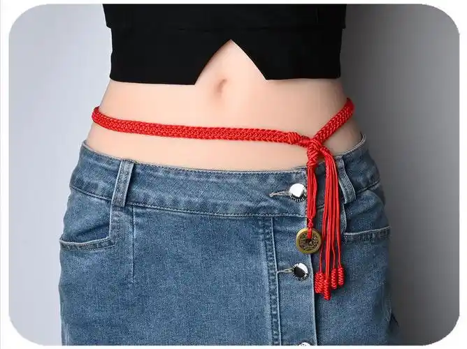 dicify新品本命年红腰绳女手工精编本命年铜钱红腰带五帝钱红腰链加粗