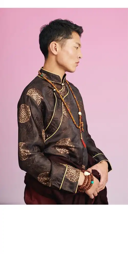 藏服装男藏式衬衣织锦缎藏服装男士休闲唐装中国风上衣3款可选咖啡棕m