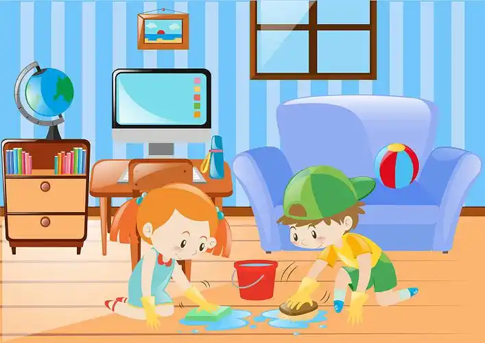 男孩和女孩在打扫地板图片