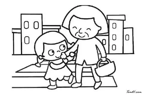 小孩搀扶老人简笔画过马路