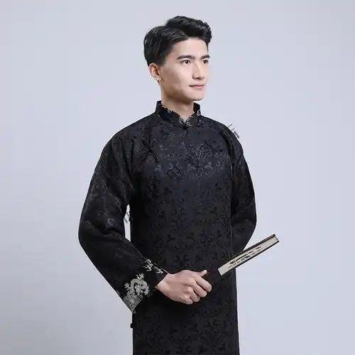 相声大褂服长衫男中国风中式伴郎绣花年会表演演出服长袍马褂民国服装