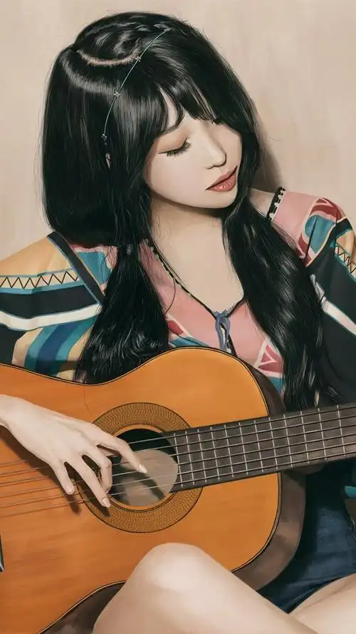 美丽的亚洲女孩弹吉他