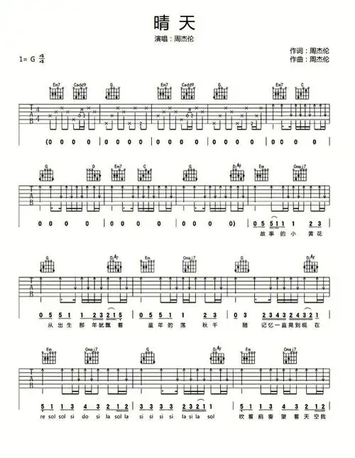 周杰伦晴天吉他谱