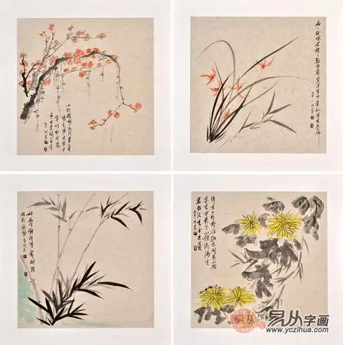 门第《梅兰竹菊》,国画四君子,斗方花鸟画,梅兰竹菊-【易从网】