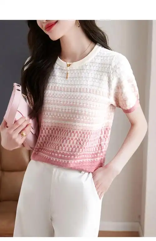 短袖针织衫t恤女夏装新款轻奢气质圆领渐变色宽松百搭打底上衣潮 - 17