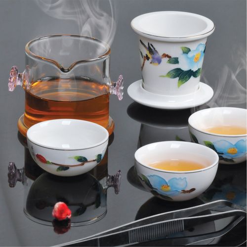 福容旅行功夫茶具双耳泡茶器八件套装玻璃红茶硝子配6个陶瓷茶杯