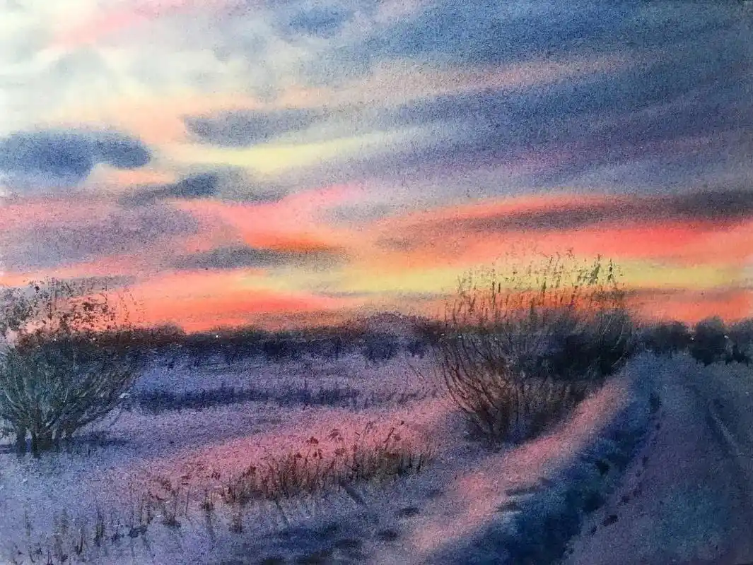 水彩|水彩风景 黄昏晚霞 水天一色 天空 水面的刻画 艺术家Марин