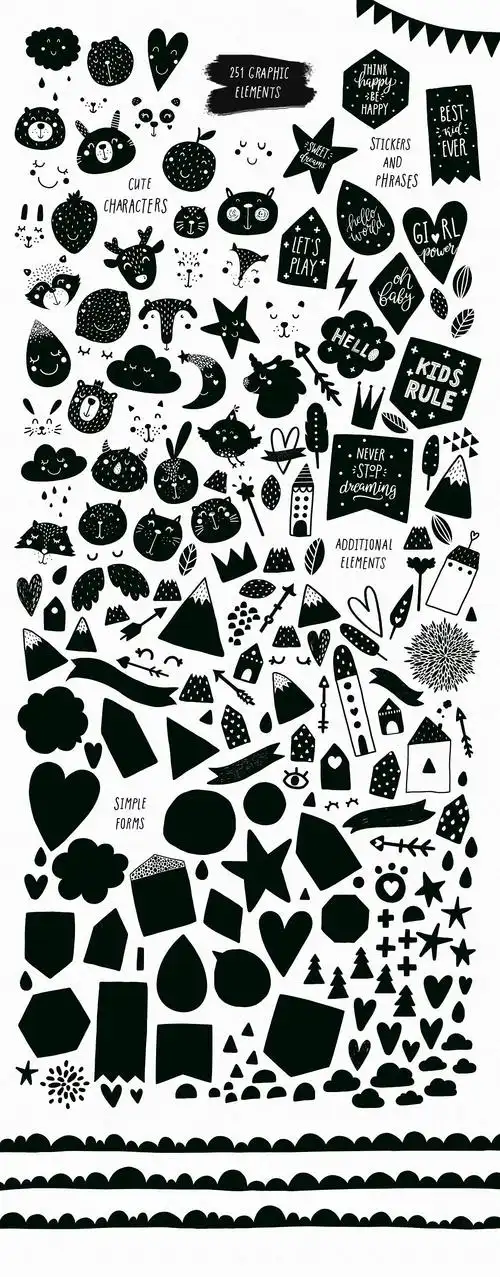 可爱的黑白动物手绘无缝背景元素下载pngeps