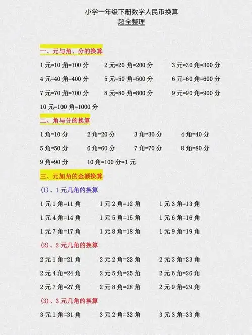 一年级下册数学人民币换算超全整理
