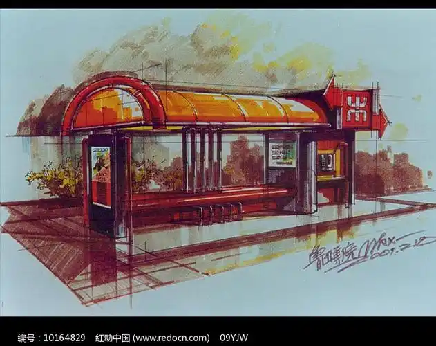 公交车站手绘透视