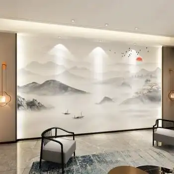 沙发背景墙山水画墙布新中式山水壁画客厅电视背景墙壁纸沙发影视卧室