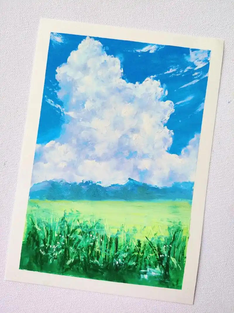 油画棒|蓝天白云草坪(含步骤) .油画棒|蓝天白云草坪(含步 - 抖音