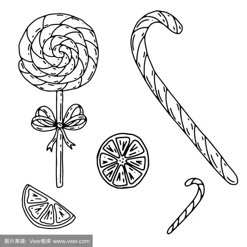 棒棒糖,一根糖果,一片干橙子.黑白插图涂鸦风格.