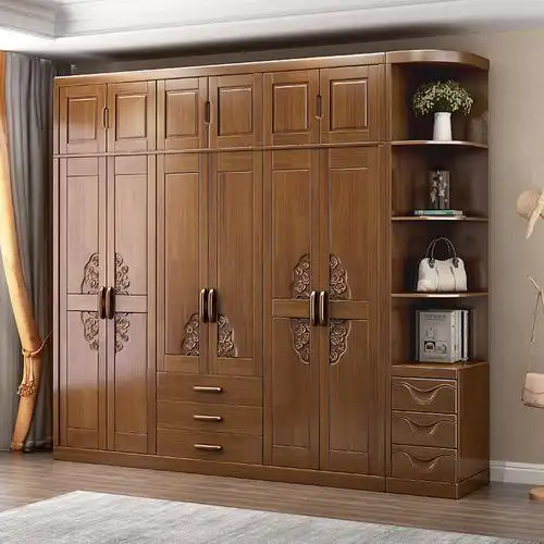 兰秀家居中式实木衣柜对开门推拉六门大容量衣柜卧室经济橡胶木大衣橱