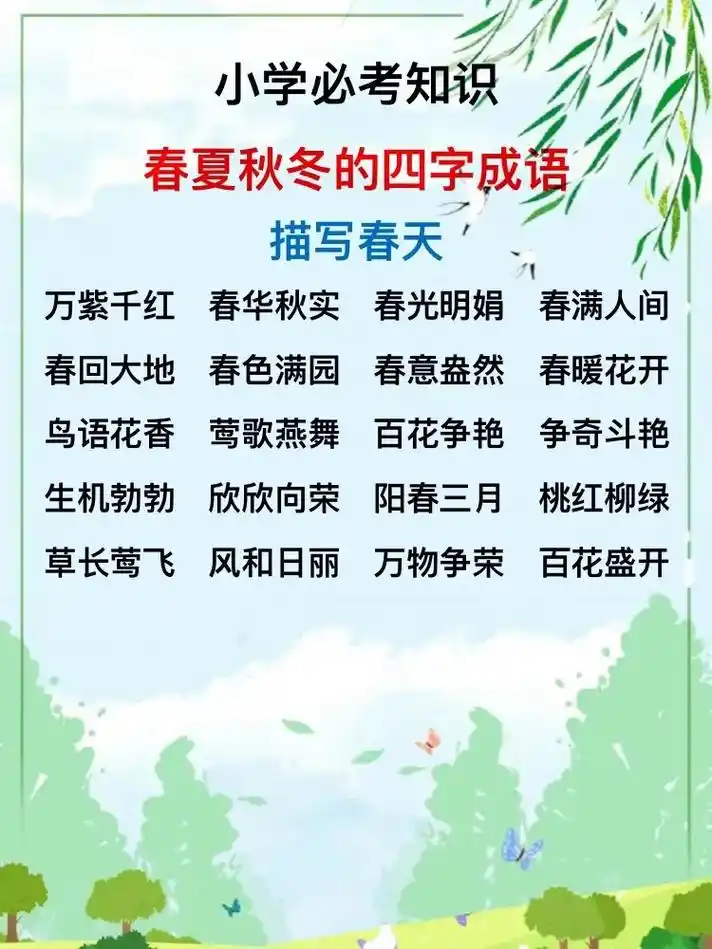小学描写春夏秋冬的四字成语汇总,赶紧给孩子收藏起来吧!#知识 - 抖音