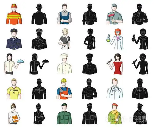 不同职业的人卡通, 黑色的图标在集合收集设计.