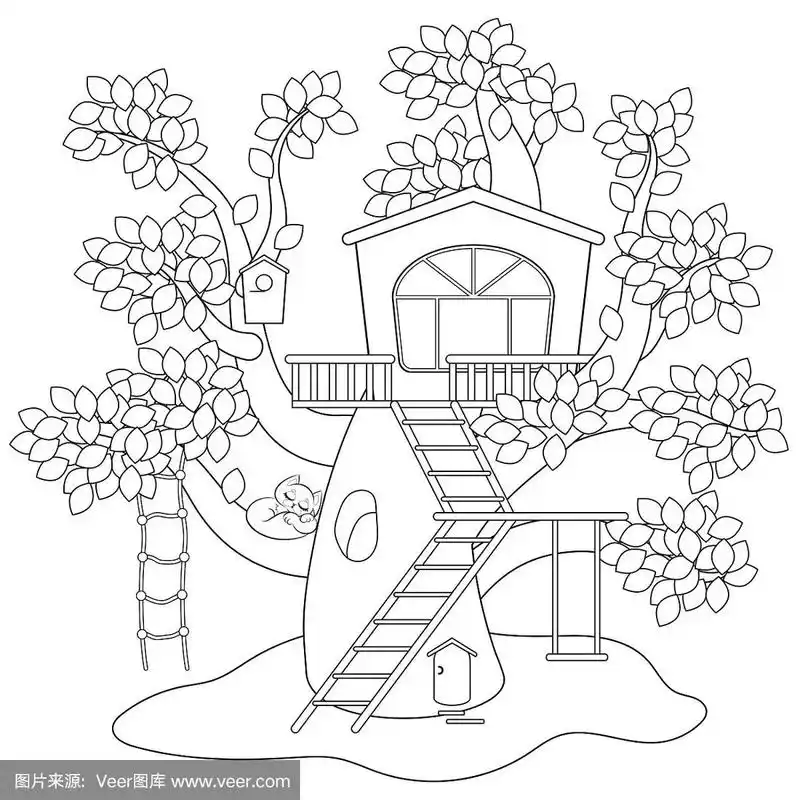 孩子们的树屋涂色书页.矢量图