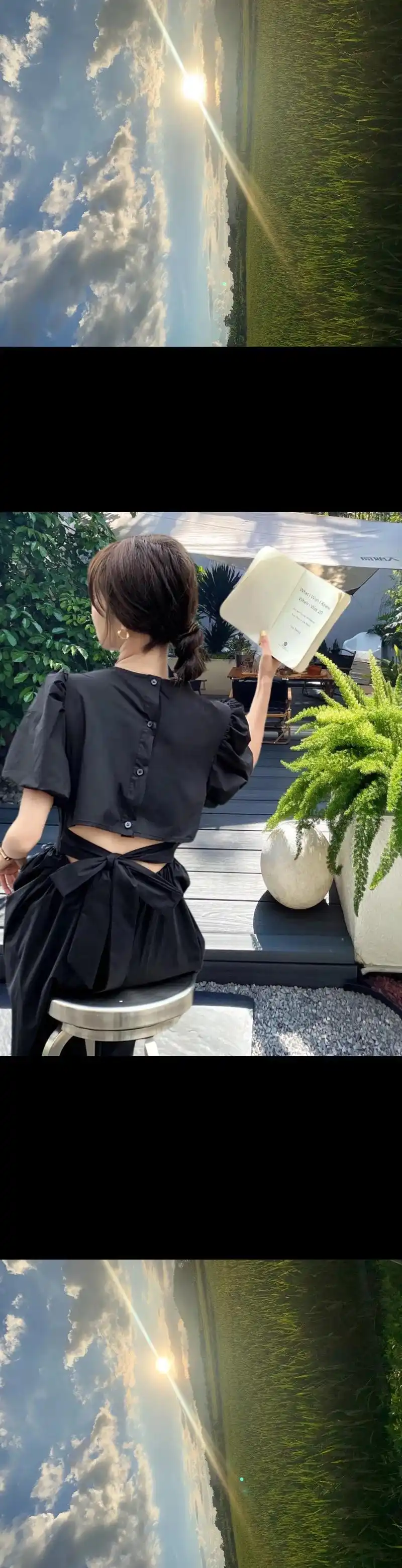 露后背绑带泡泡短袖黑色连衣裙!泡泡袖搭配气质v领露背设计, - 抖音