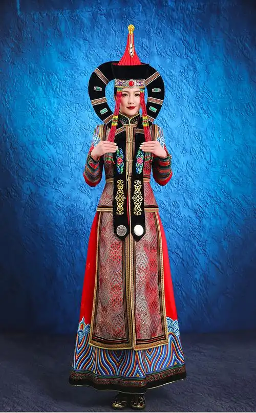 蒙古族女士牛角科尔沁贵族民族民族舞舞蹈演出服高端民族服装