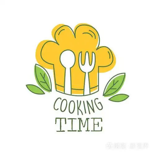 烹饪手工绘制的标志原设计与绿叶, 橙色厨师的帽子, 叉子和勺子.
