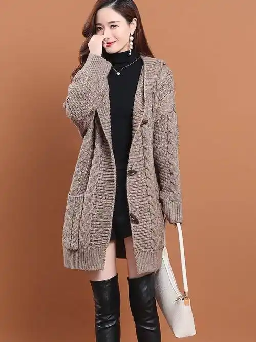 毛衣外套女中长款秋冬加厚慵懒风外搭针织开衫连帽麻花羊绒大衣潮