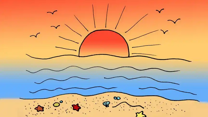 美丽的海上日出风景简笔画还有金色的沙滩飞翔的海鸥