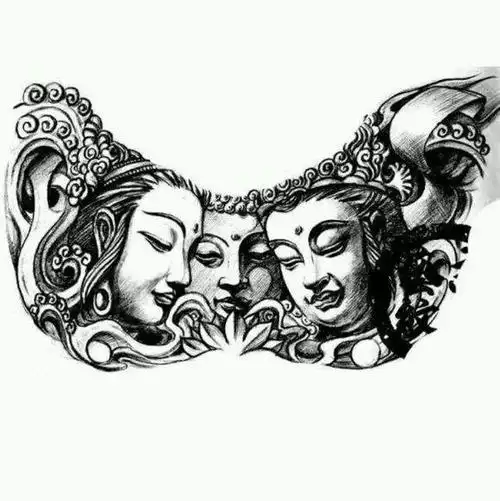 适合花胸的胸前三面佛纹身手稿图片