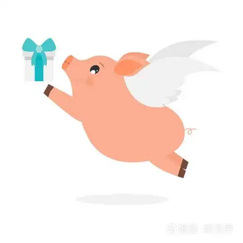 猪在空中飞翔,带着礼物.可爱的幼稚矢量插图.