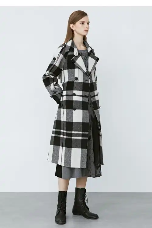 sdeer圣迪奥女装复古翻领撞色格纹收腰毛呢大衣s21481818 德国灰/87 l