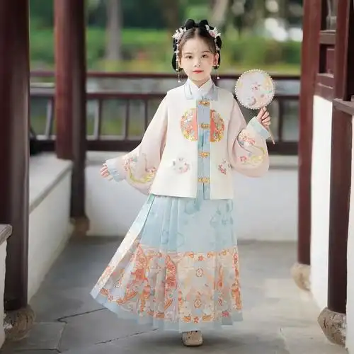女童中国风古装改良马面裙套装加厚女孩大童冬款儿童汉服拜年服唐