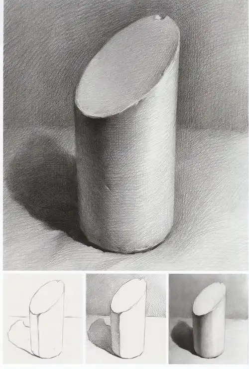 圆柱斜切体素描画(发布时间:2019-04-02出自:素描自学网作者:素描自学