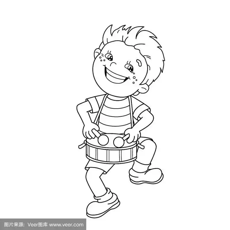 漫画男孩打鼓的涂色页轮廓.乐器.儿童涂色书