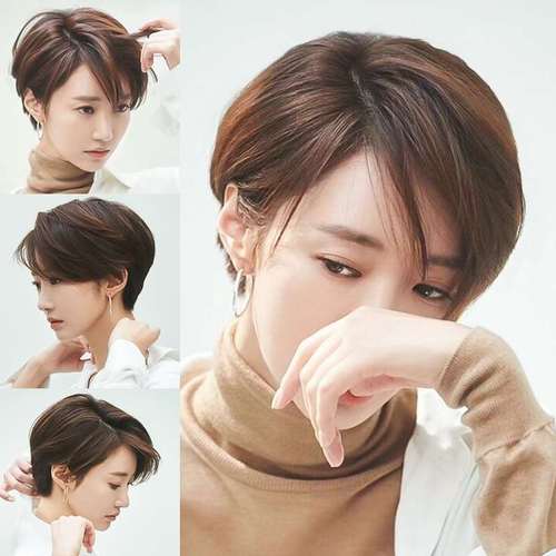 假发女短发自然真发全真人发2021年新款时尚全头套中分发型假发套